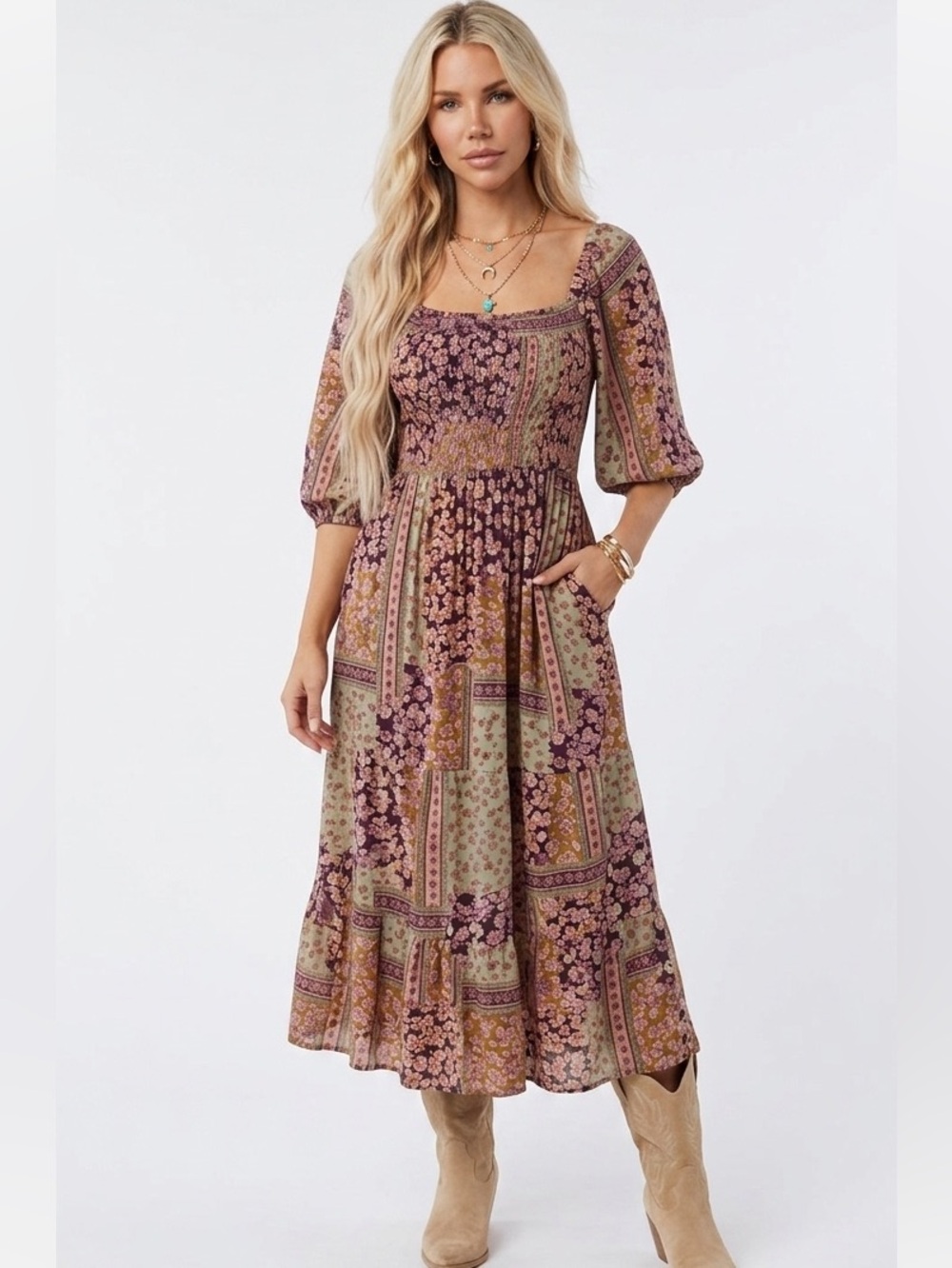 Angie Western Bohemian Patchwork Printed Midi Dress With Pockets